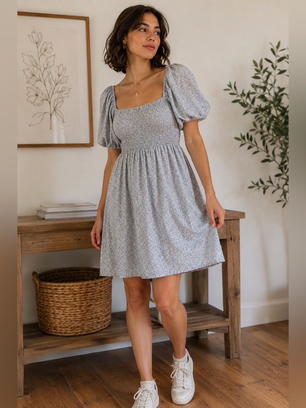 Storia Light Blue Floral Puff-Sleeve Mini Dress